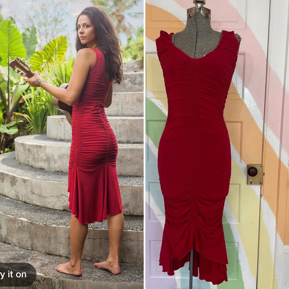 ✨Leom Designs Hati Hati Deep Red Ruched Mermaid Bali Dress Sz XS